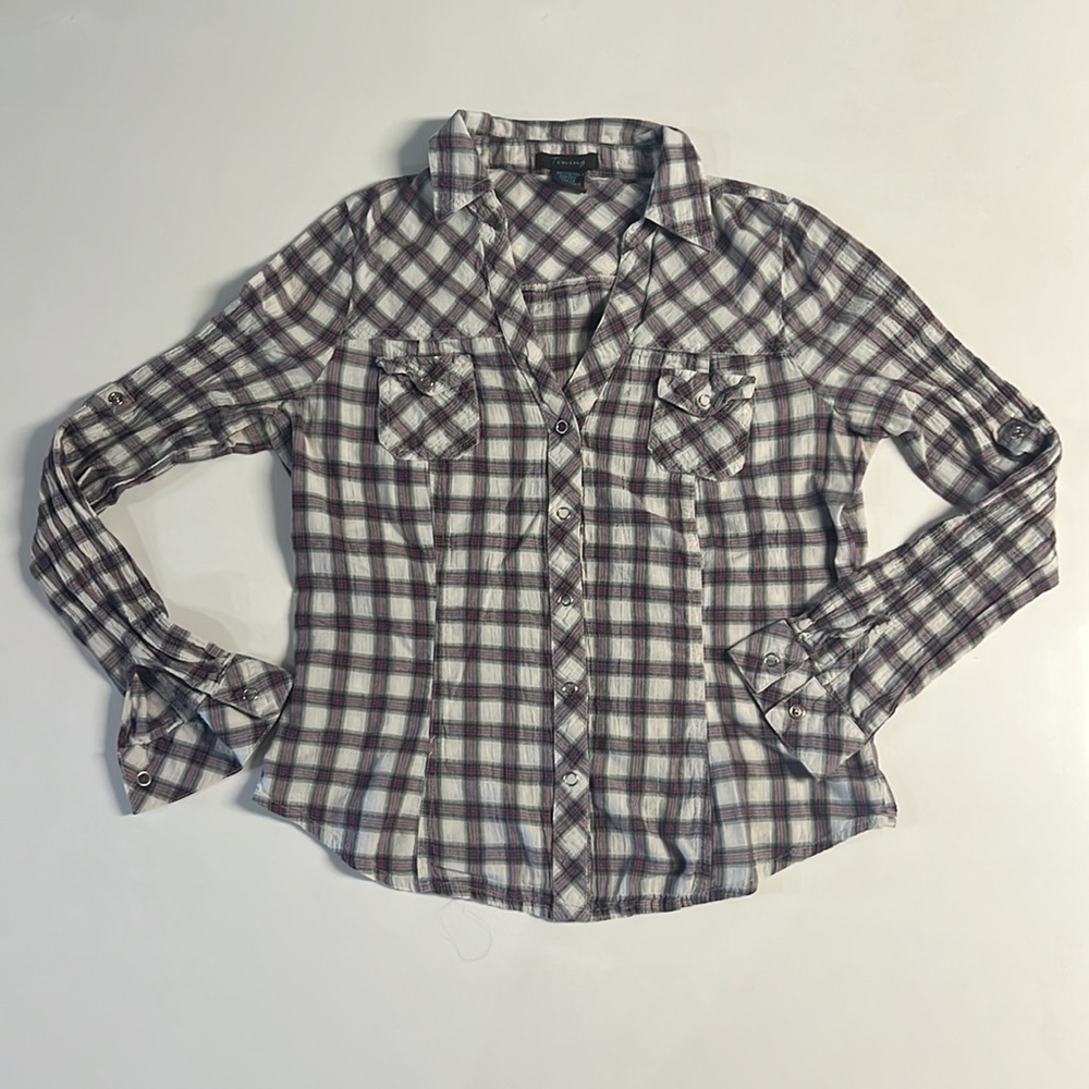 *Timing Flannel Grey White Pink Roll Tab Sleeve Size S